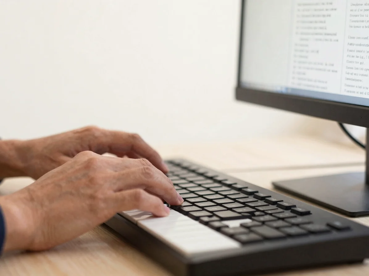Détail de mains travaillant sur un clavier d'ordinateur, avec des