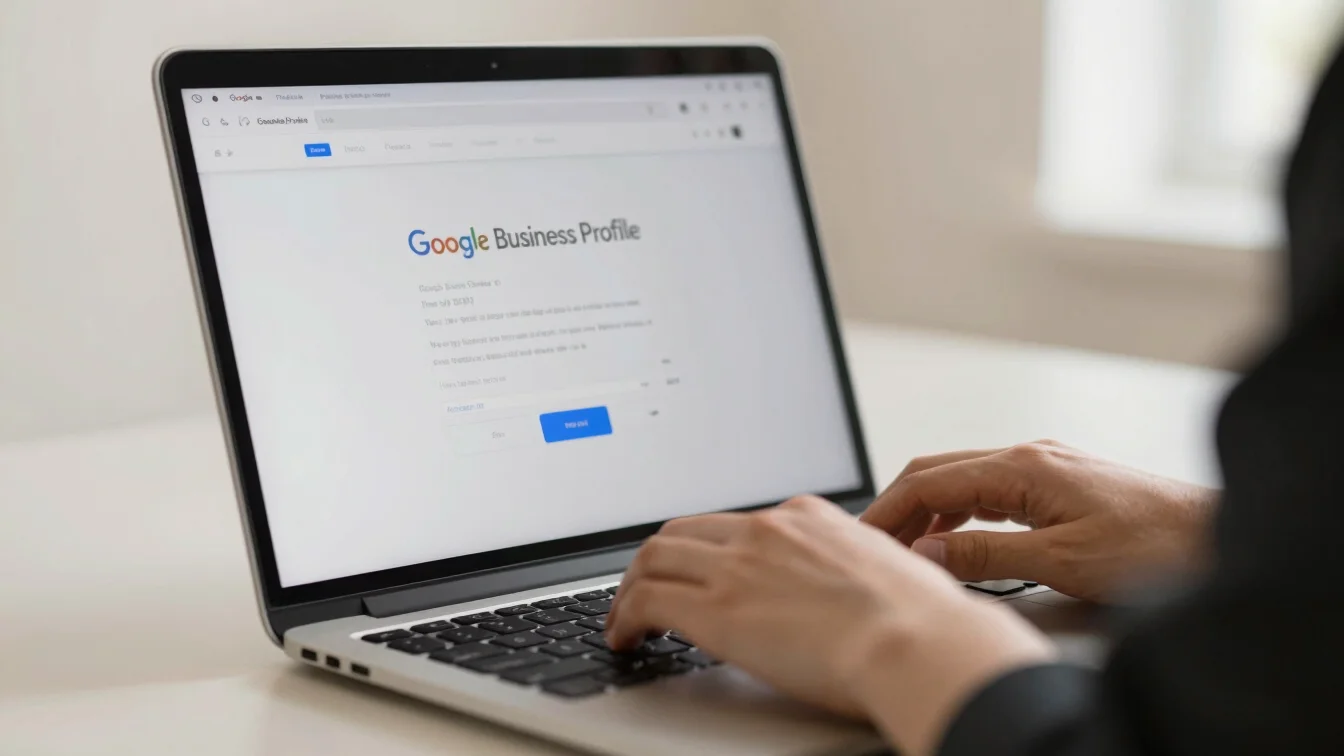 Close-up of hands typing on a laptop, Google Business Profile int